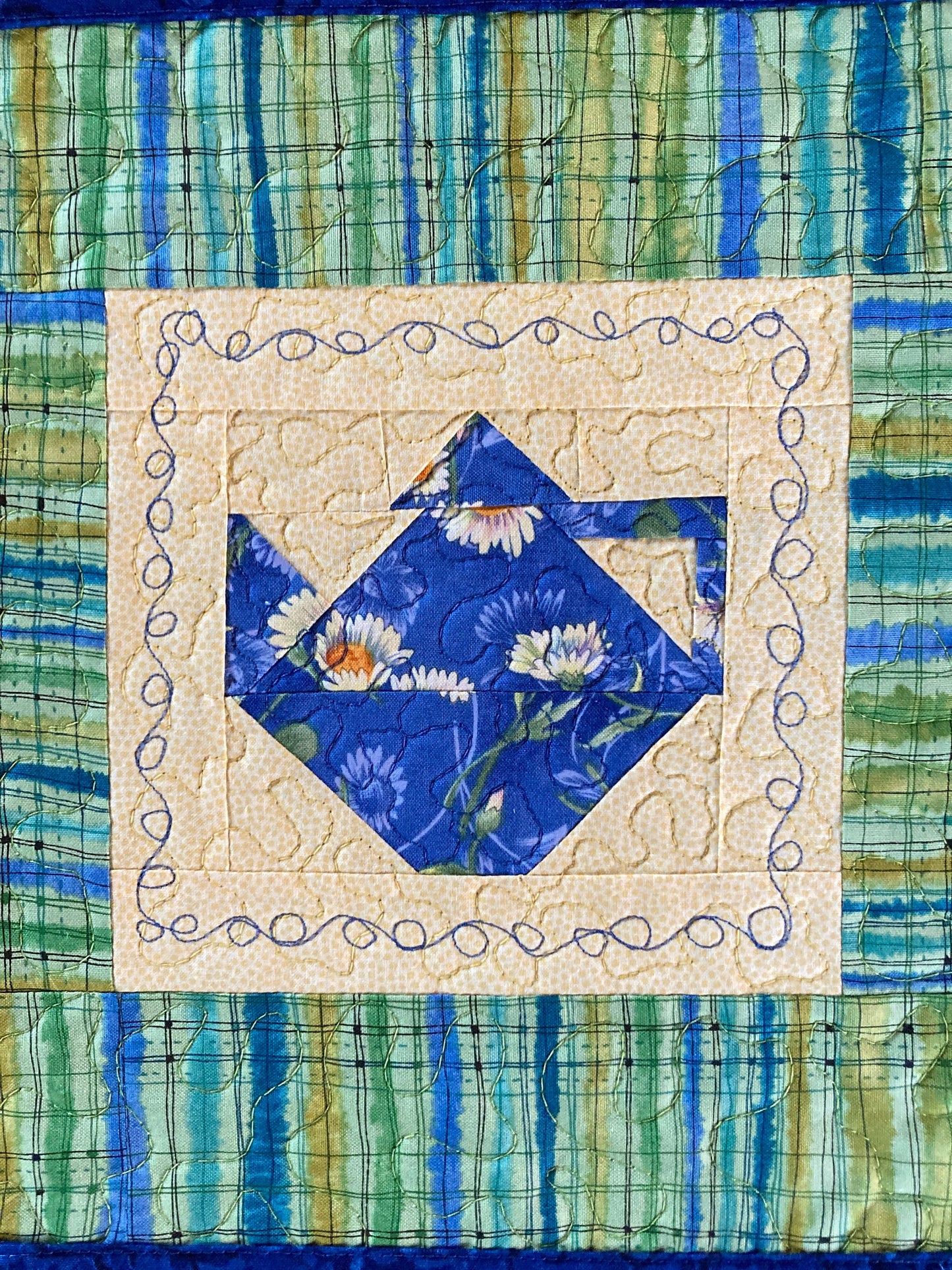Blue Yellow Daisies Teapot Fabric Wall Hanging, Textile Wall Tapestry 12x12", Kitchen Wall Decor, Flower Teapot Art Handmade Tahoe Quilts
