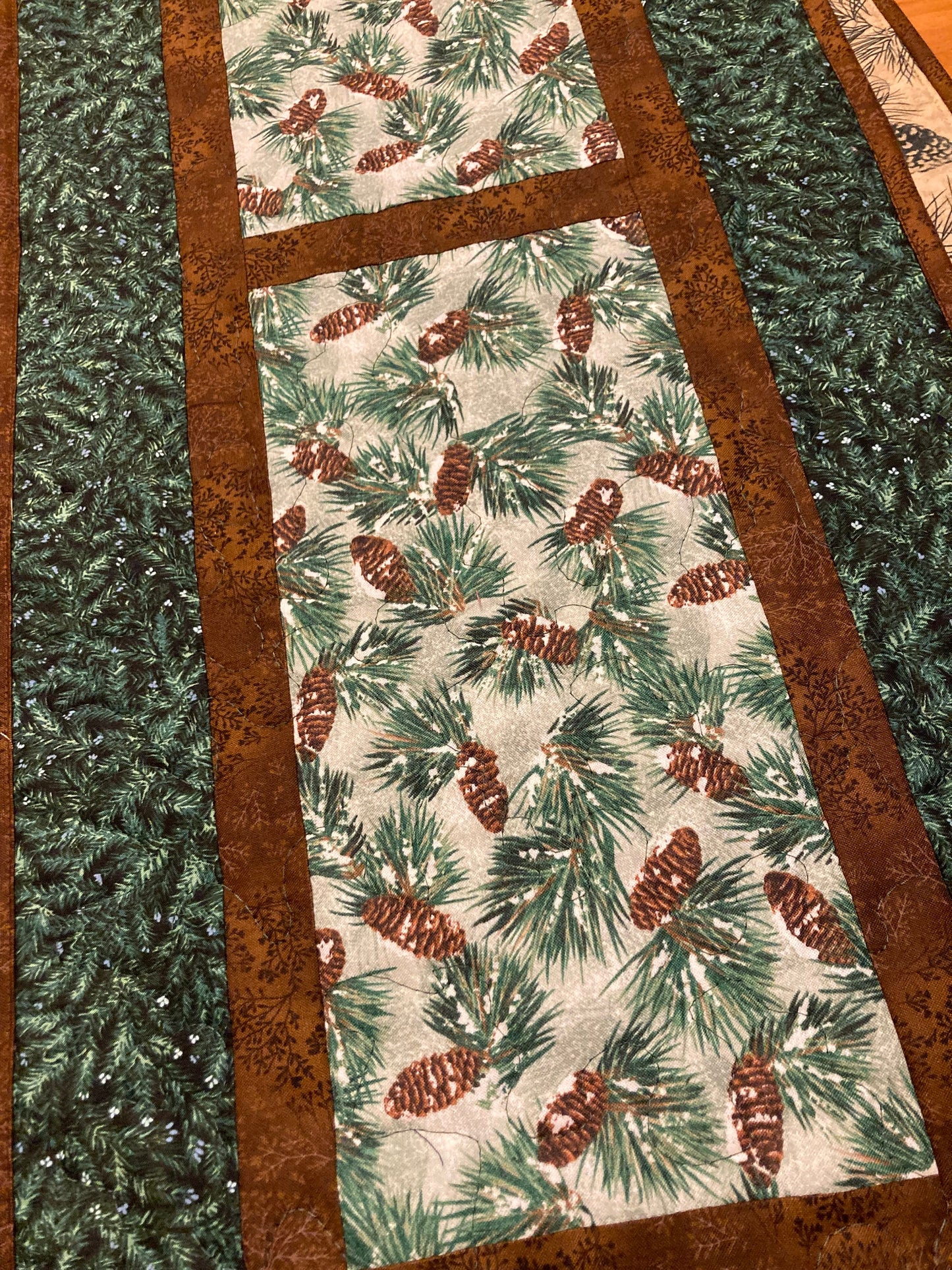 Snowy Pine Cones Quilted Table Runner, Long Dining Coffee End Table, 13x60" Winter Rustic Decor Everyday Mat, Dresser Woods Rustic Cabin