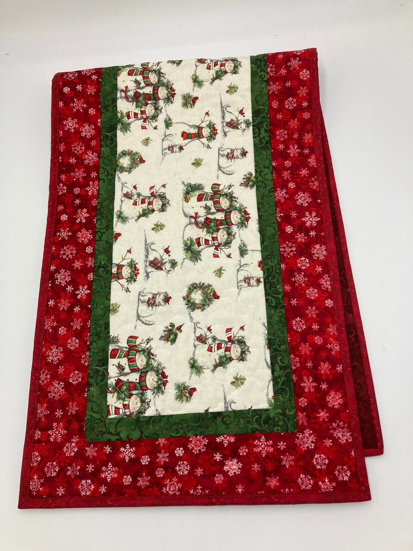 Snowman Christmas Winter Table Runner, 14x48" Quilted, Reversible, Snowflakes Birds Cats Scarves Children Whimsical, Dining Coffee Table