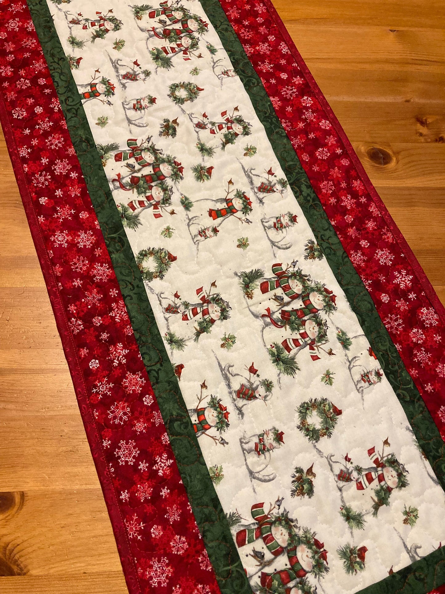 Snowman Christmas Winter Table Runner, 14x48" Quilted, Reversible, Snowflakes Birds Cats Scarves Children Whimsical, Dining Coffee Table