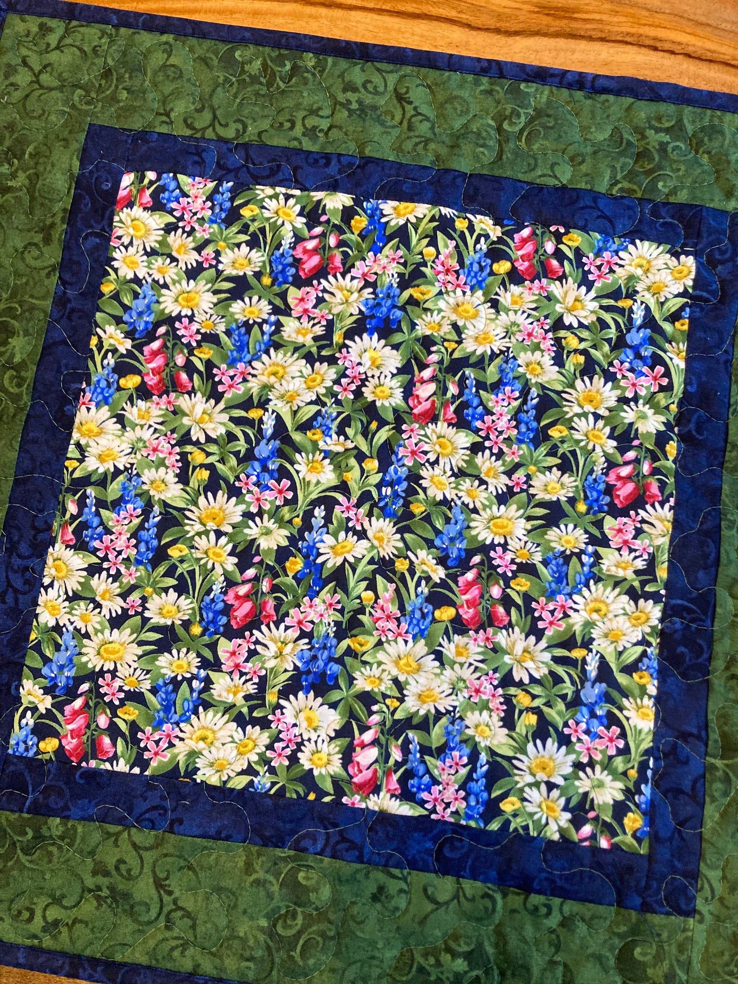 Garden Daisy Blue Bonnet Snapdragon Quilted Table Topper, Large Square Coffee Table Reversible 20x20" Summer End Table, Everyday Kitchen