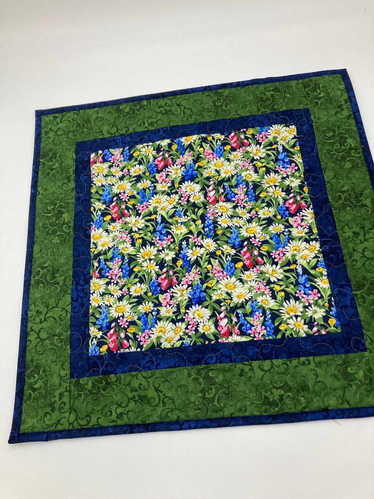 Garden Daisy Blue Bonnet Snapdragon Quilted Table Topper, Large Square Coffee Table Reversible 20x20" Summer End Table, Everyday Kitchen