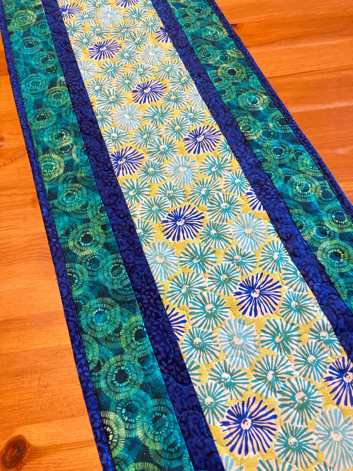 Blue Green Abstract Quilted Table Runner, Dining Room Coffee Table, Reversible 13x48" End Table Nightstand Everyday Handmade Bed Dresser