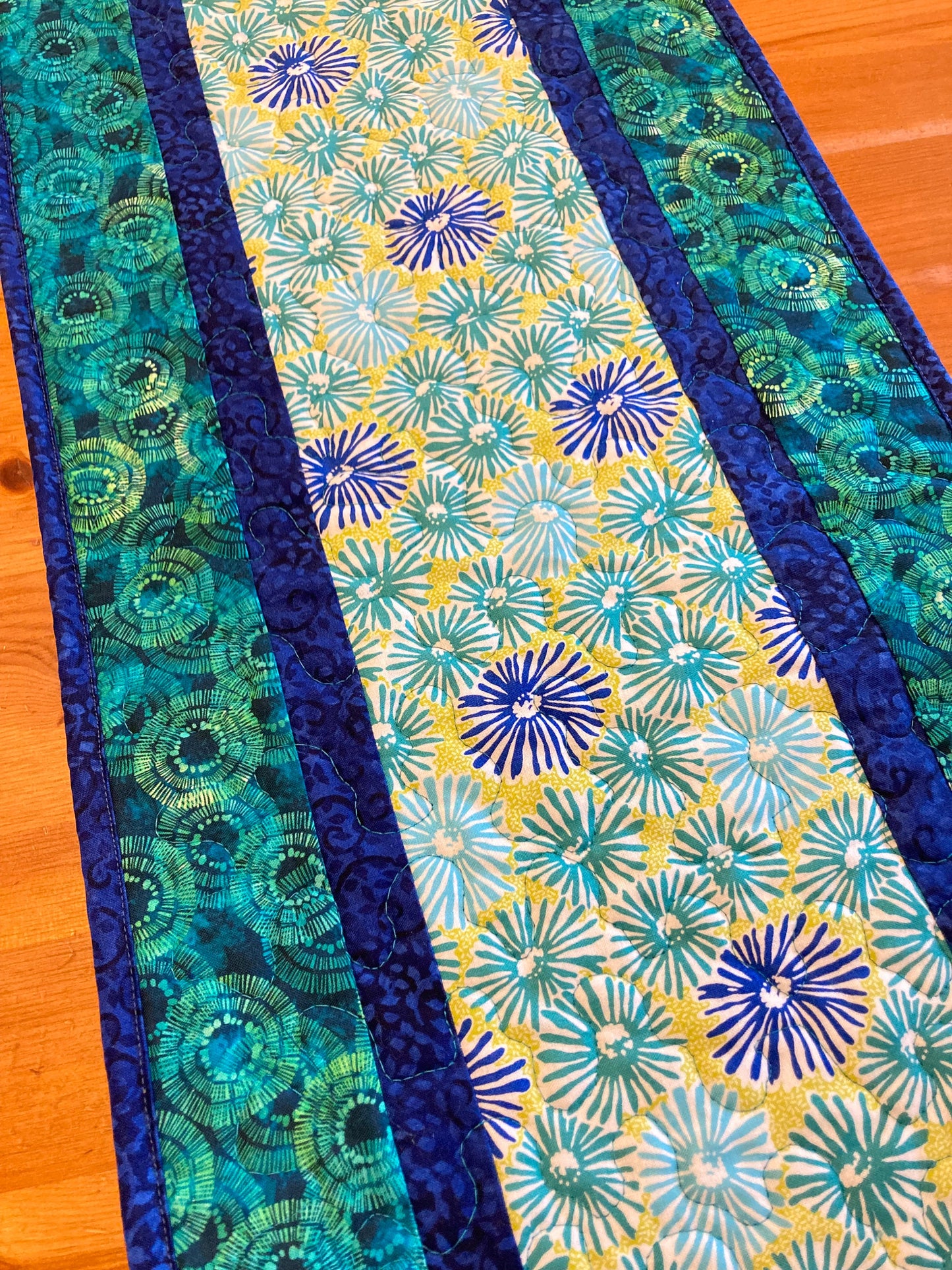 Blue Green Abstract Quilted Table Runner, Dining Room Coffee Table, Reversible 13x48" End Table Nightstand Everyday Handmade Bed Dresser
