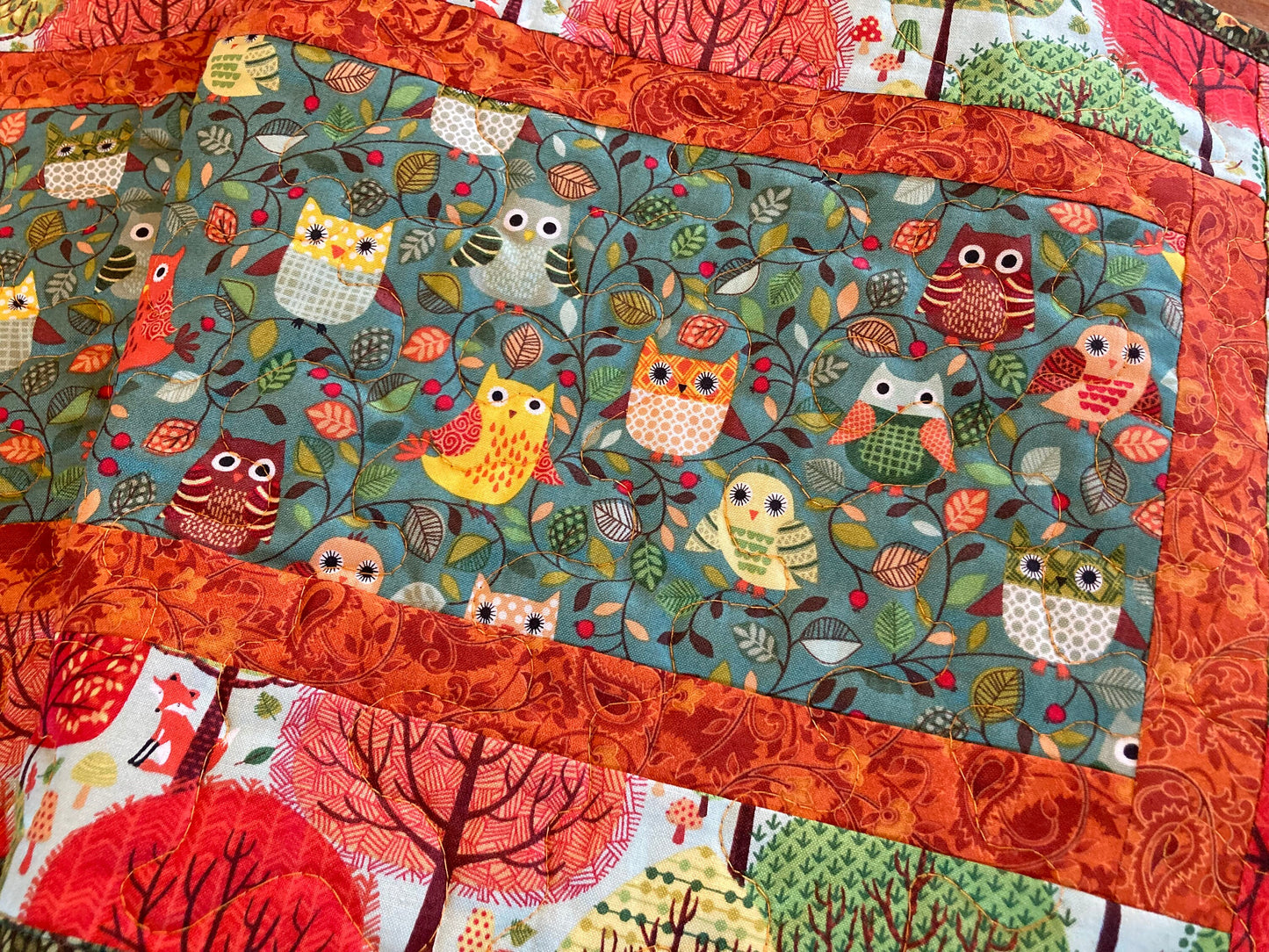 Quilted Table Runner, Owls Foxes and Trees 13x48" Reversible, Woodland Animals Dining Coffee Table, Yellow Green Kids Whimsical Fun Bright