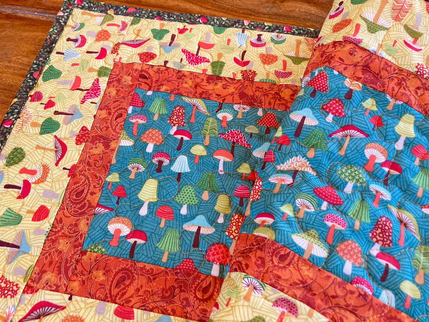Quilted Table Runner, Whimsical Mushrooms 13x48" Reversible, Mushroomcore Toadstools Dining Coffee Table, Yellow Green Orange Kids Fun