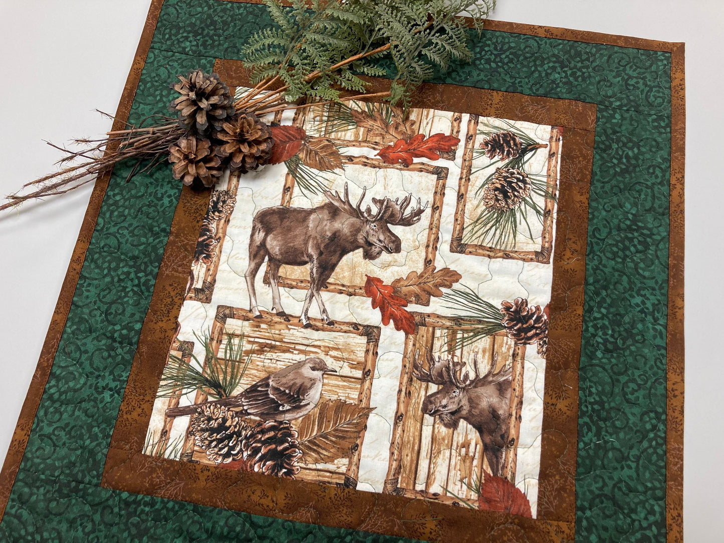 Moose and Bird Leaves Rustic Cabin Quilted Table Topper, Reversible, 18x19", Brown Green Mountain Decor, Coffee End Table Nightstand