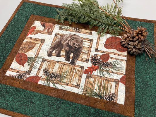Bear and Pine Cones Leaves Rustic Cabin Quilted Table Topper, Reversible, 21x16.5", Brown Green Mountain Decor, Coffee End Table Nightstand