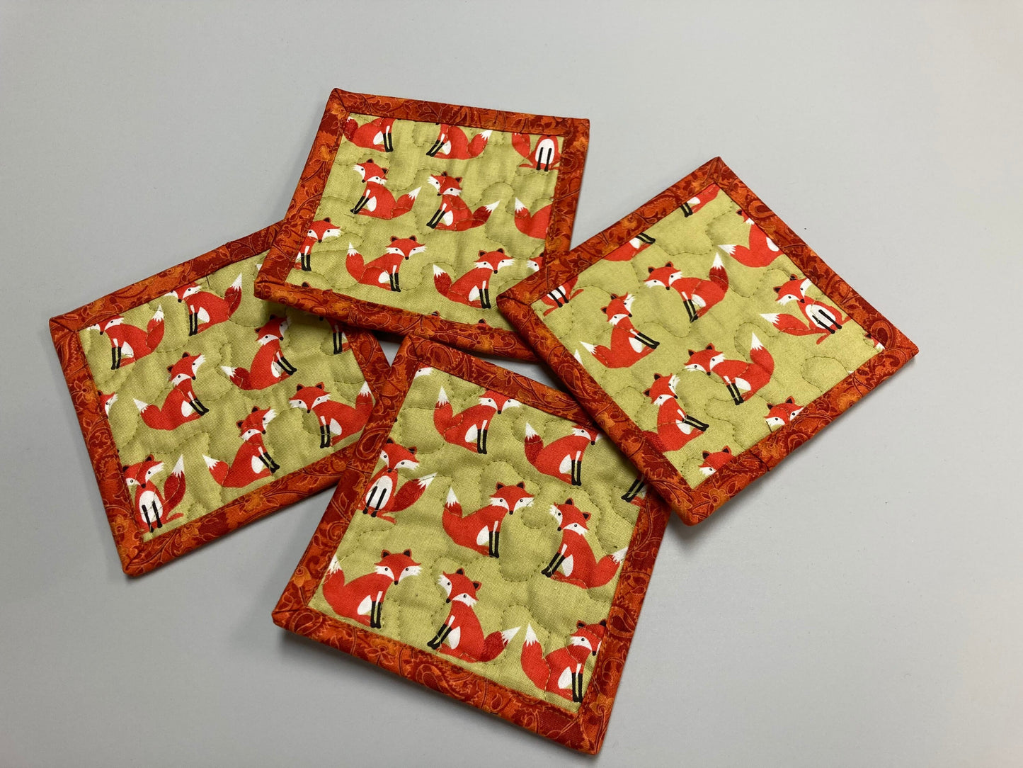 Fox Woodland Animal Fabric Coasters for Drinks, 5x5" Large Coffee Tea Beer Hot Cold Washable Reusable Kid’s Snack Mats Orange Green