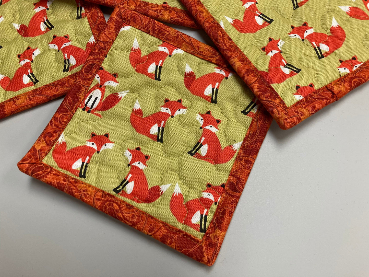 Fox Woodland Animal Fabric Coasters for Drinks, 5x5" Large Coffee Tea Beer Hot Cold Washable Reusable Kid’s Snack Mats Orange Green