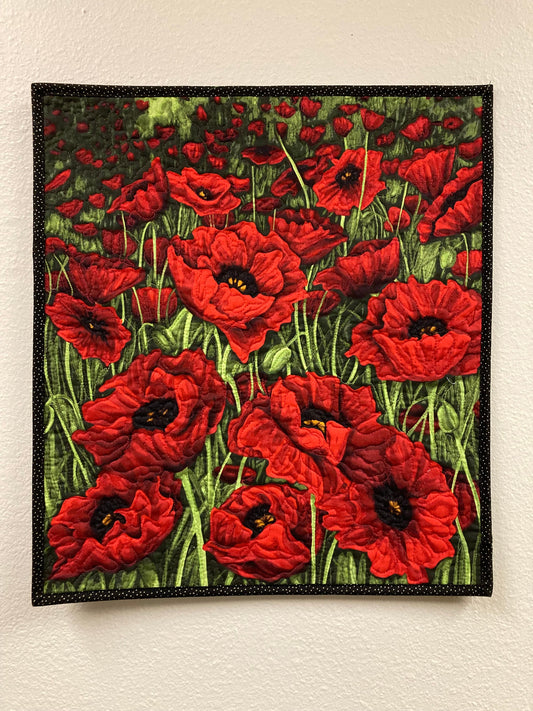 Red Poppy Wall Quilt Flower Fabric Wall Hanging, Textile Art Quilt 18x21", Tapestry Home Office Bedroom Living Room Wall Decor Tahoe Quilts
