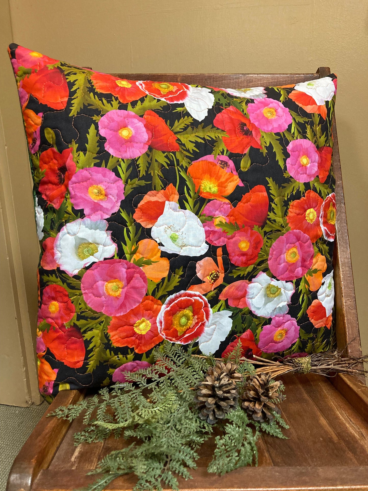 Red Orange Pink Poppy Quilted Fabric Art Pillow, Textile 18x18", Sofa Chair Bedroom Living Room Couch Designer Chic Red Bright Throw Pillow
