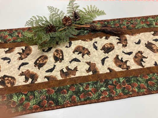 Brown Bear Fish Quilted Table Runner, Wide 13x48" Dining Room Coffee End Table, Cabin Rustic Woods Lodge Decor, Leaves Pine Cones Reversible