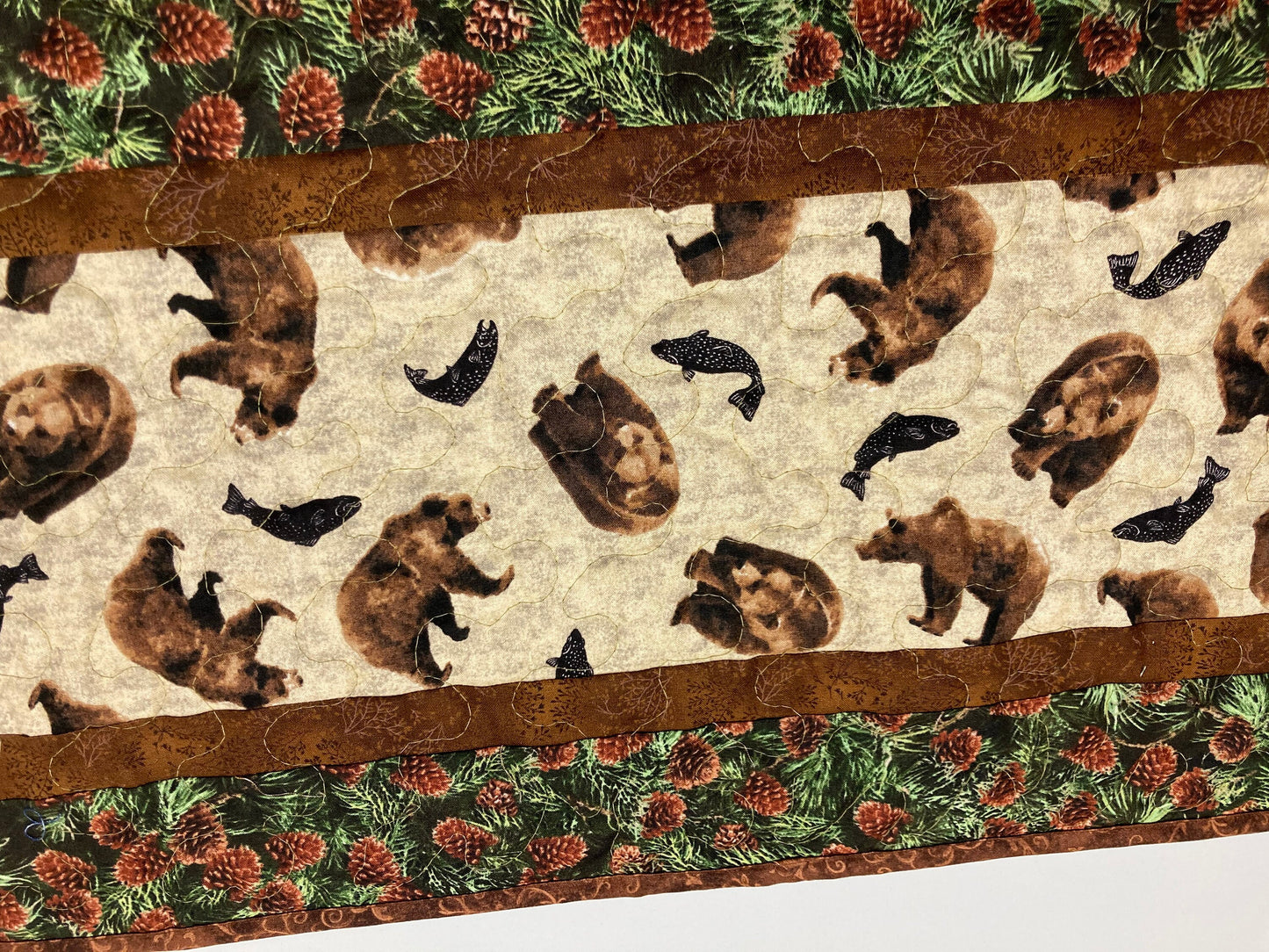 Brown Bear Fish Quilted Table Runner, Wide 13x48" Dining Room Coffee End Table, Cabin Rustic Woods Lodge Decor, Leaves Pine Cones Reversible