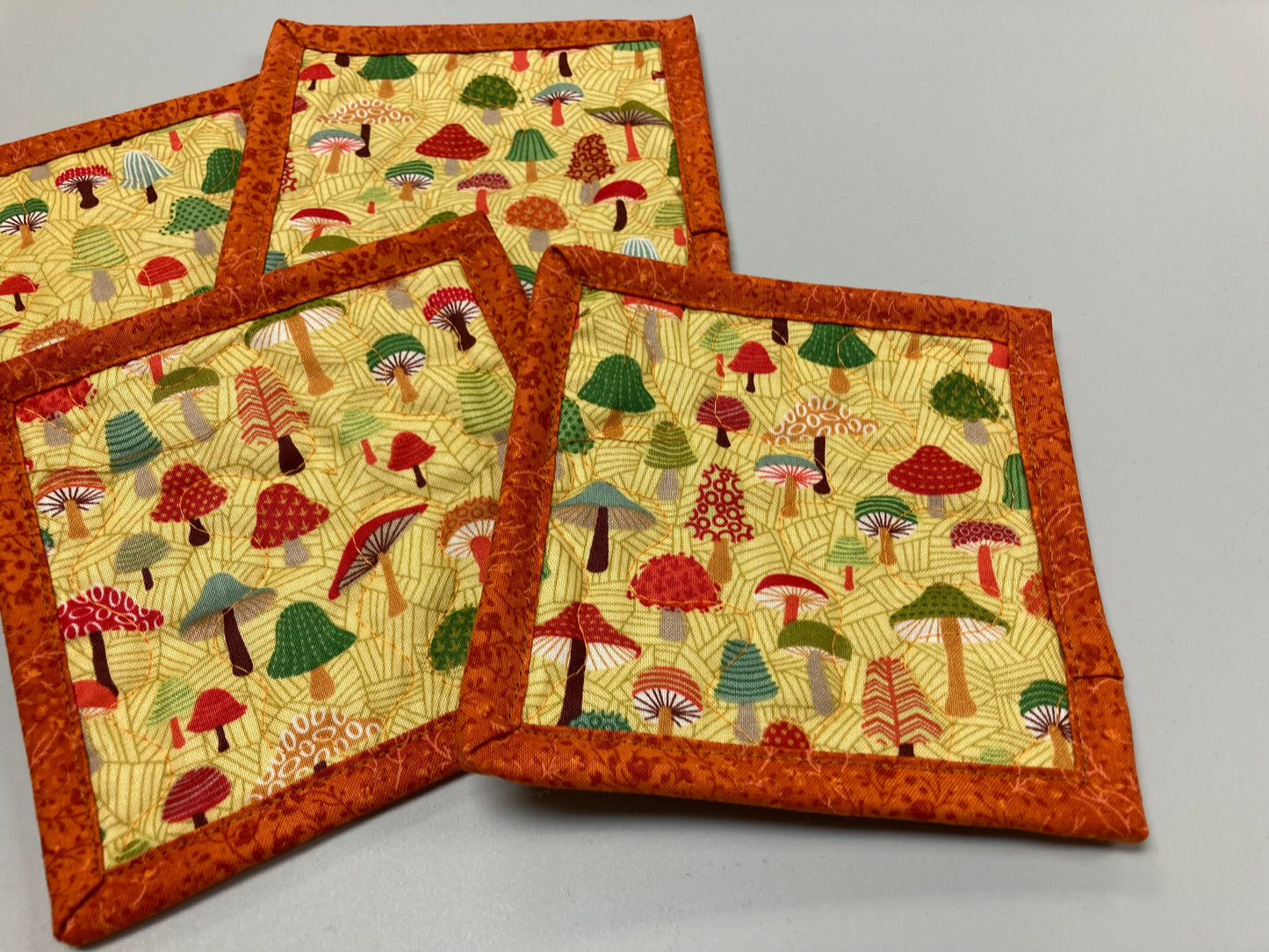 Mushroom Forest Woodland Fabric Coasters for Drinks, 5x5" Large Coffee Tea Beer Hot Cold Washable Reusable Kid’s Snack Mats Orange Green