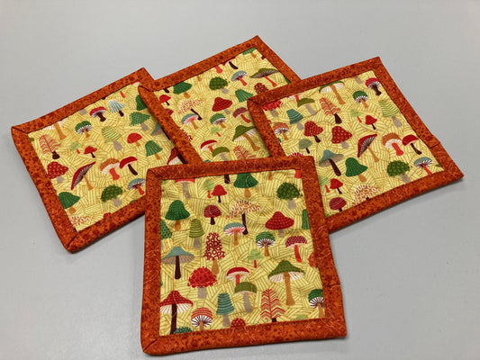 Mushroom Forest Woodland Fabric Coasters for Drinks, 5x5" Large Coffee Tea Beer Hot Cold Washable Reusable Kid’s Snack Mats Orange Green