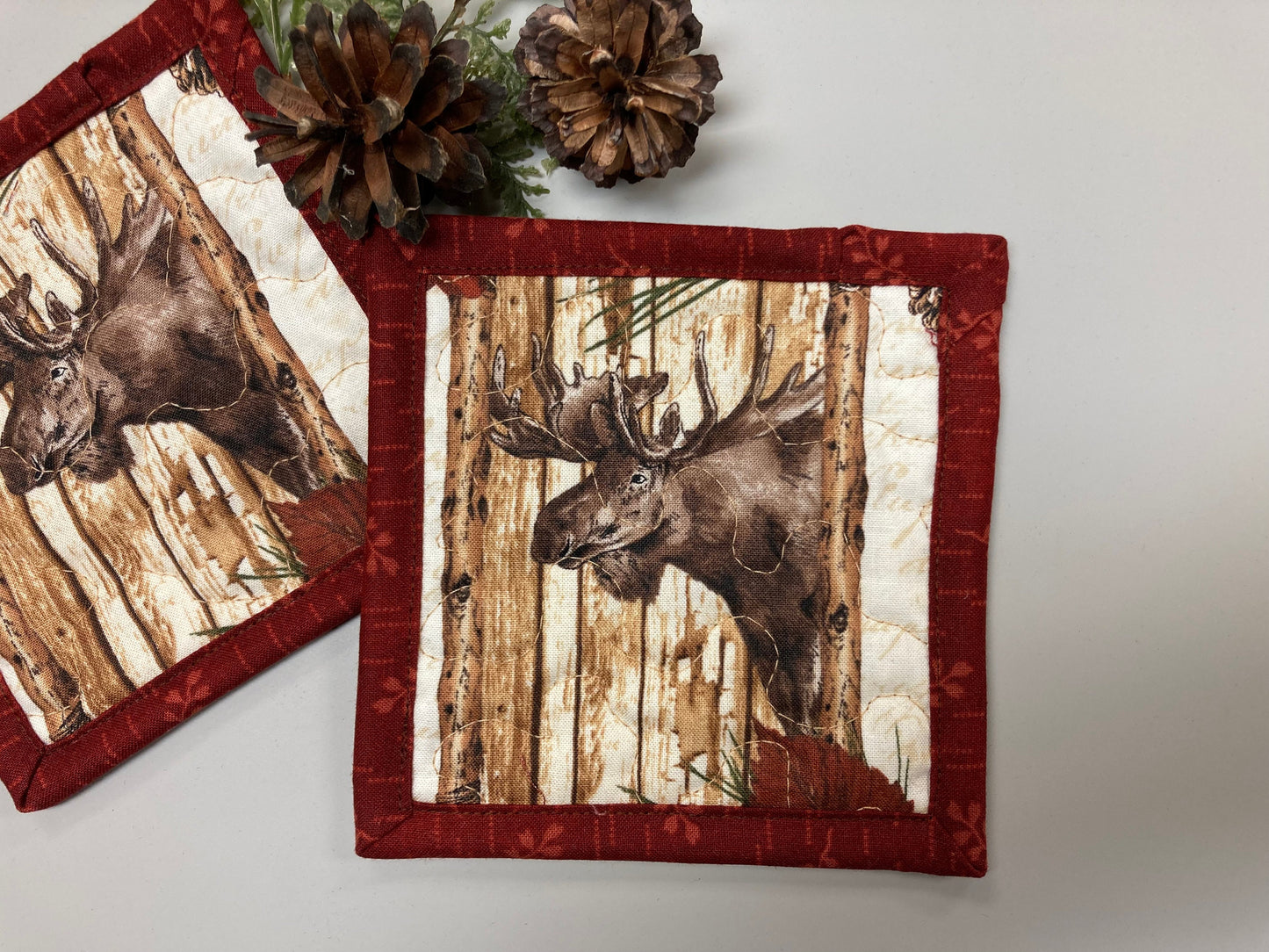 Fall Moose Head Mancave Mug Rug Snack Mats 5x5" Large Fabric Hot Cold Coasters Washable Table, Everyday Cabin Rustic Lodge Hunting Animal