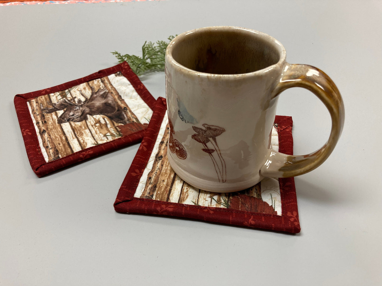 Fall Moose Head Mancave Mug Rug Snack Mats 5x5" Large Fabric Hot Cold Coasters Washable Table, Everyday Cabin Rustic Lodge Hunting Animal