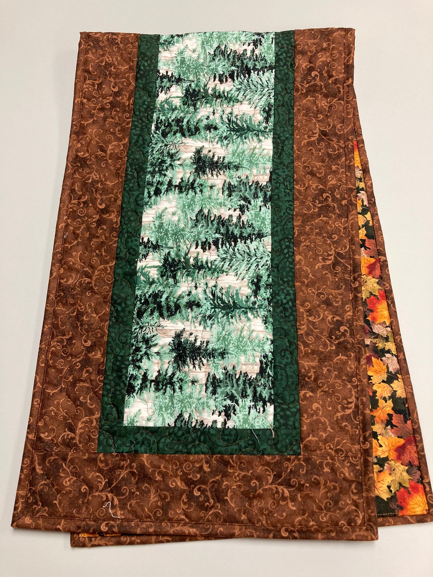 Pine Trees Mountain Quilted Dining Table Runner, Reversible Fall, Coffee Table Runner, Dresser Scarf Nightstand End Table 13x48" Cabin Woods