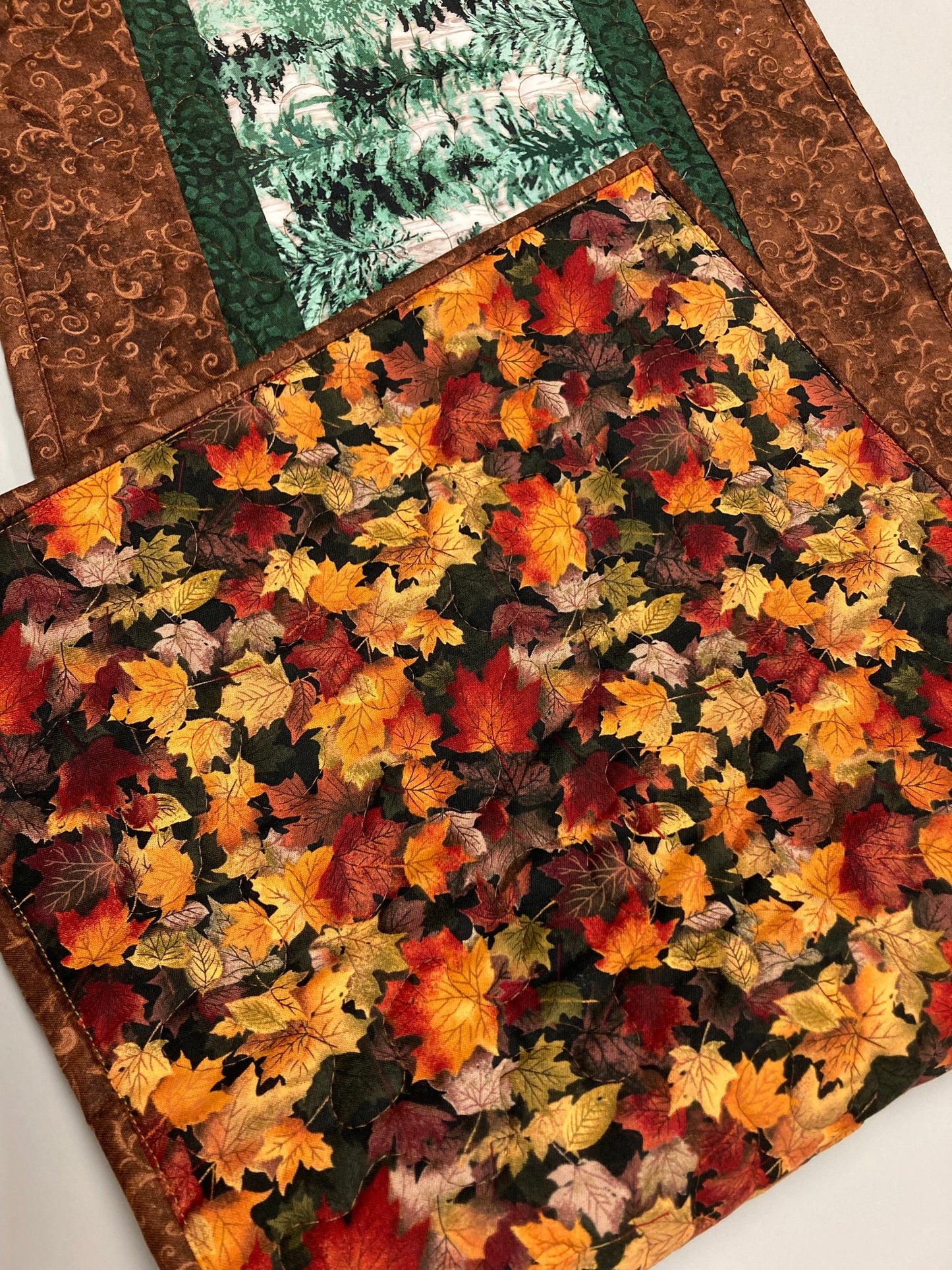 Pine Trees Mountain Quilted Dining Table Runner, Reversible Fall, Coffee Table Runner, Dresser Scarf Nightstand End Table 13x48" Cabin Woods