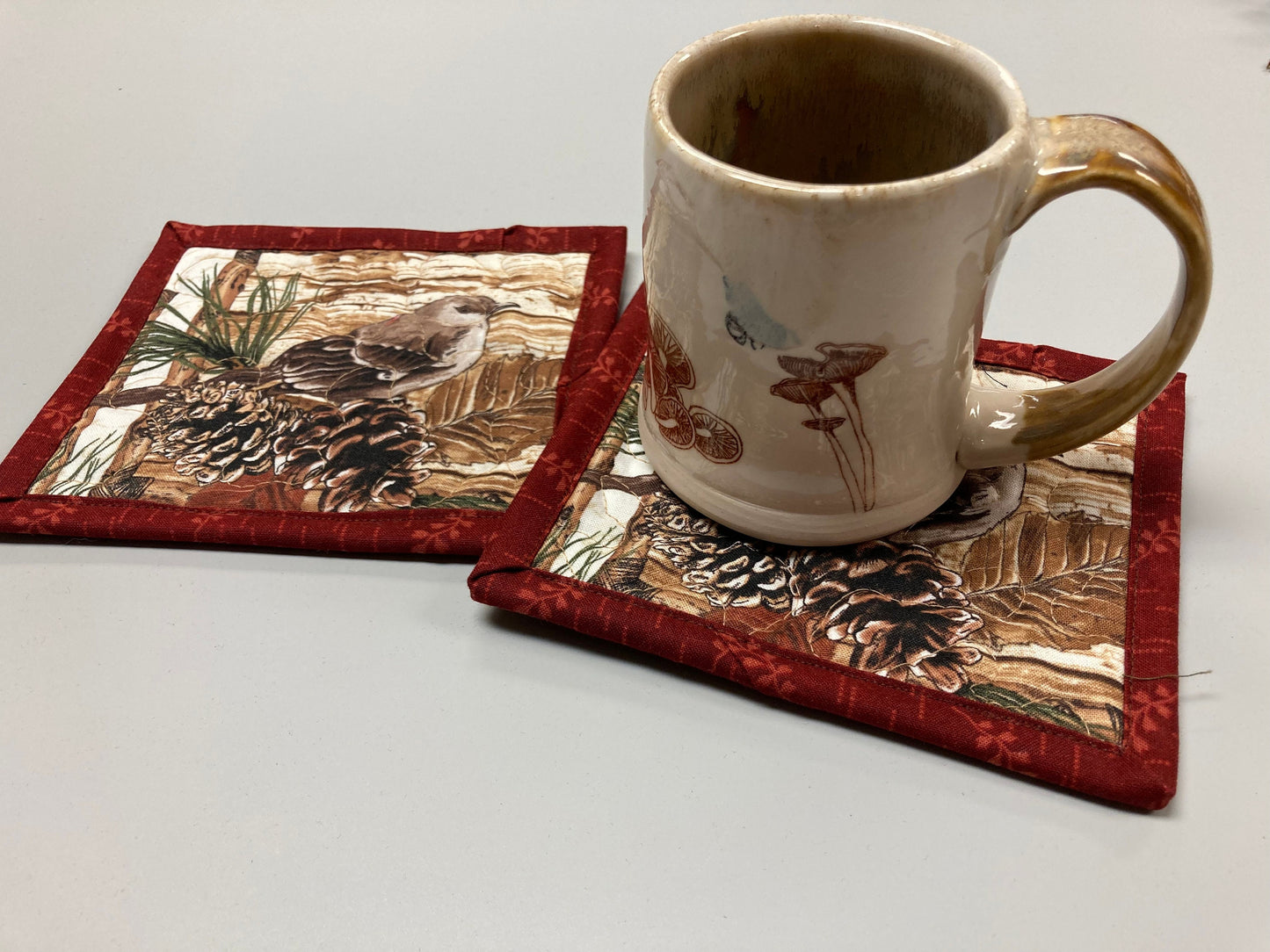 Mountain Birds Fabric Quilted Drink Coasters, 6x5.5", Hot Cold Coffee Tea, Fall Pine Cones Cabincore Everyday Woods Large Mug Rugs Snacks