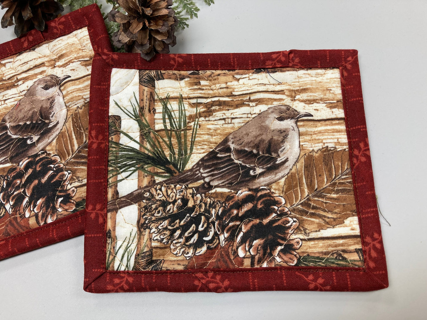 Mountain Birds Fabric Quilted Drink Coasters, 6x5.5", Hot Cold Coffee Tea, Fall Pine Cones Cabincore Everyday Woods Large Mug Rugs Snacks