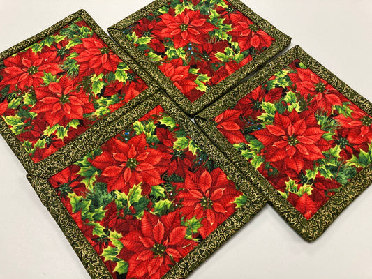 Christmas Fabric Coasters for Drinks, Red Poinsettias and Holly Blue Berries, Drink Mats, Hot Cold Washable, Reversible, 5x5" Winter Decor