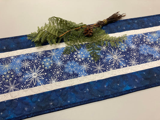 Blue Silver Snowflakes Winter Table Runner Quilted 13x48", Hanukkah Reversible Dining Coffee Table, Holiday Dresser Scarf Square
