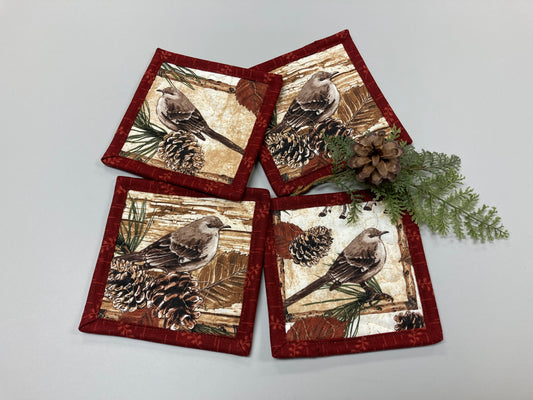 Mountain Birds Fabric Quilted Drink Coasters, 5x5", Hot Cold Coffee Tea, Fall Pine Cones Cabincore Everyday Woods Large Mug Rugs Snacks