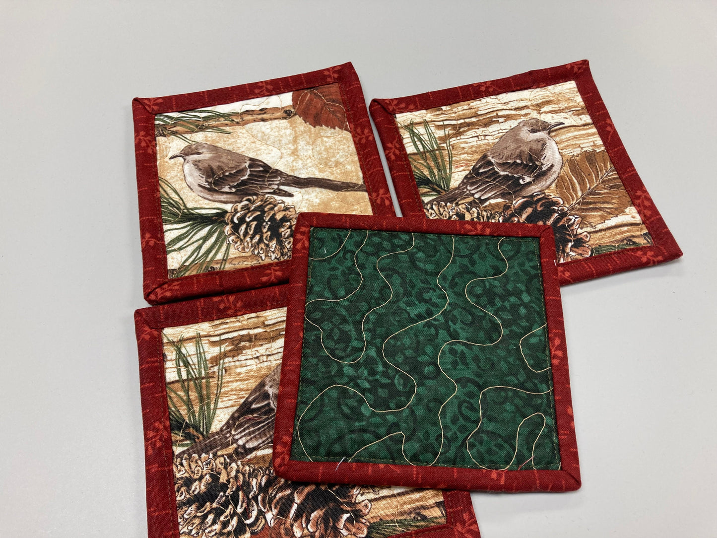 Mountain Birds Fabric Quilted Drink Coasters, 5x5", Hot Cold Coffee Tea, Fall Pine Cones Cabincore Everyday Woods Large Mug Rugs Snacks