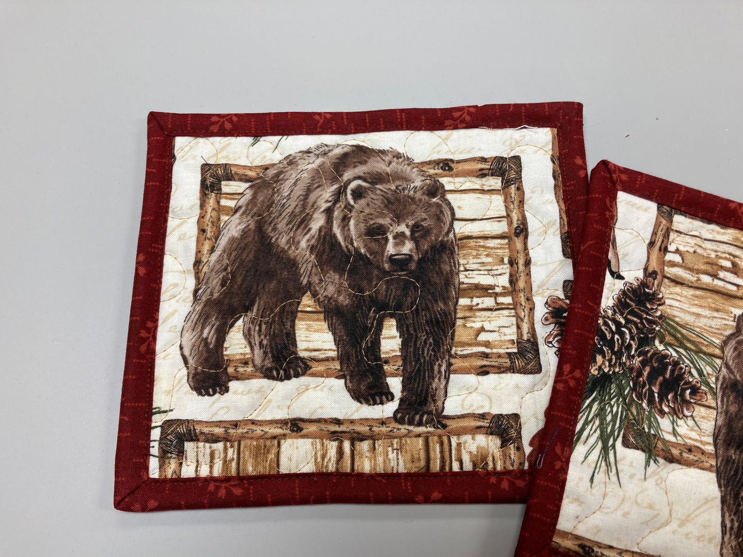 Mountain Bears Fabric Quilted Drink Coasters, 6.5x6.5", Hot Cold Coffee Tea, Fall Pine Cones Cabincore Everyday Woods Large Mug Rugs Snacks