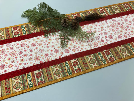 Quilted Christmas Table Runner, Red Green Gold Stripes Poinsettia Snowflakes Winter Holiday, 13x48", Reversible, Dining Coffee End Table