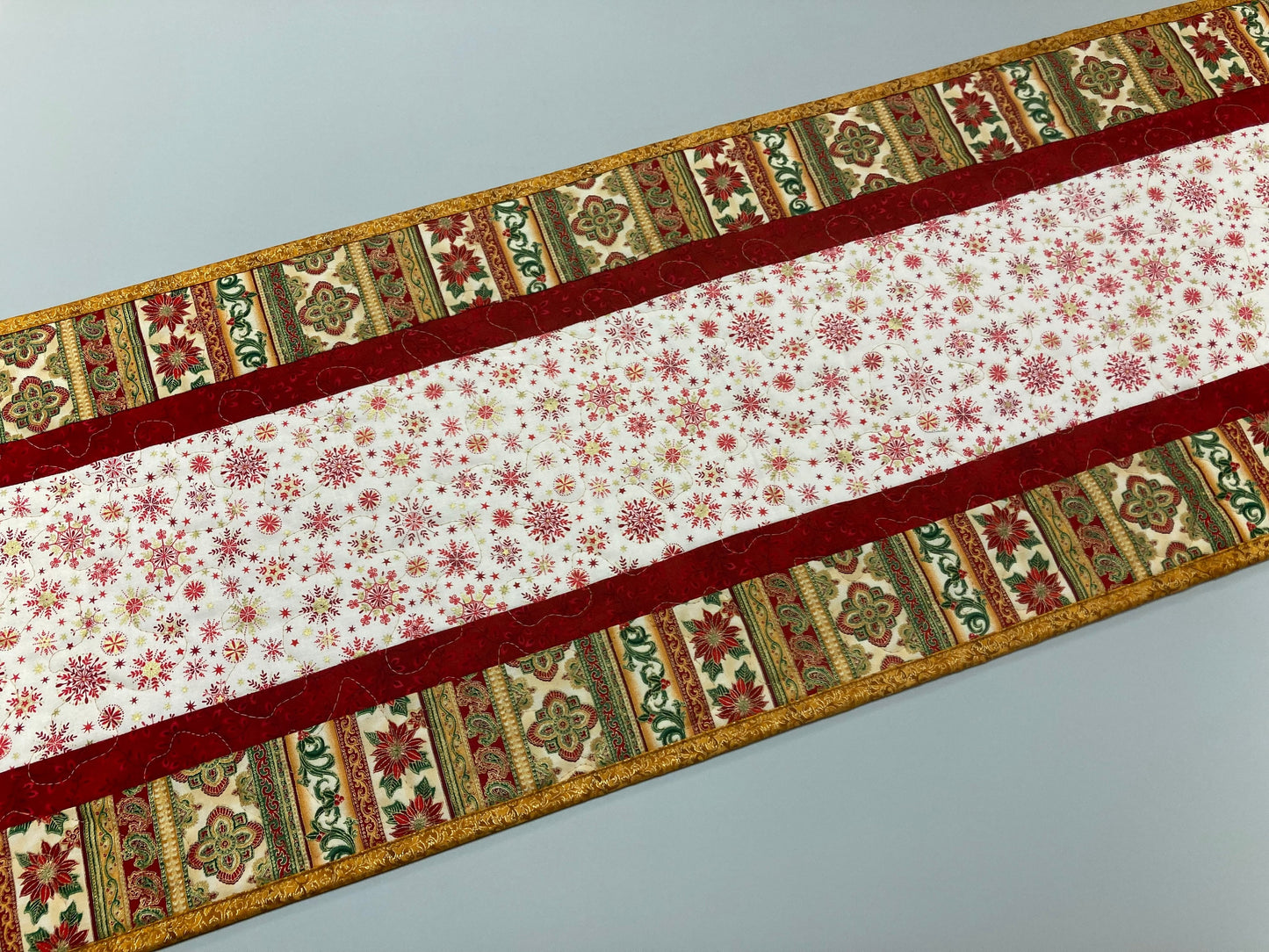 Quilted Christmas Table Runner, Red Green Gold Stripes Poinsettia Snowflakes Winter Holiday, 13x48", Reversible, Dining Coffee End Table