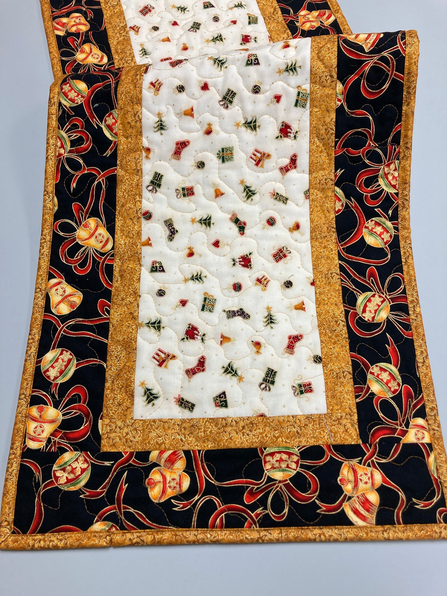 Christmas Ornaments Quilted Table Runner, 13x48", Gold Red Ribbon, Winter Holiday Dining Coffee Table, Dresser Scarf End Table Handmade