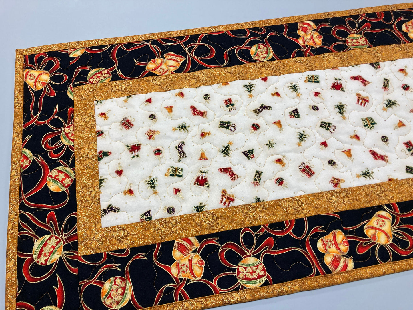Christmas Ornaments Quilted Table Runner, 13x48", Gold Red Ribbon, Winter Holiday Dining Coffee Table, Dresser Scarf End Table Handmade