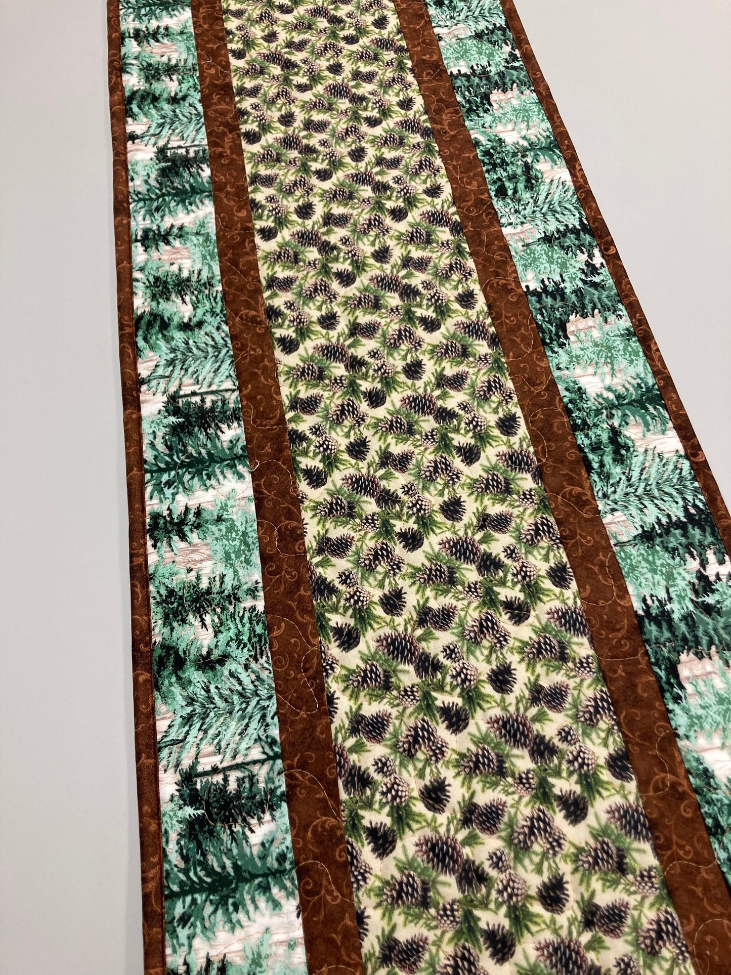Pine Cones Mountain Trees Quilted Dining Table Runner, Reversible Coffee Table Runner, Dresser Scarf Nightstand End Table 13x48" Cabin Woods