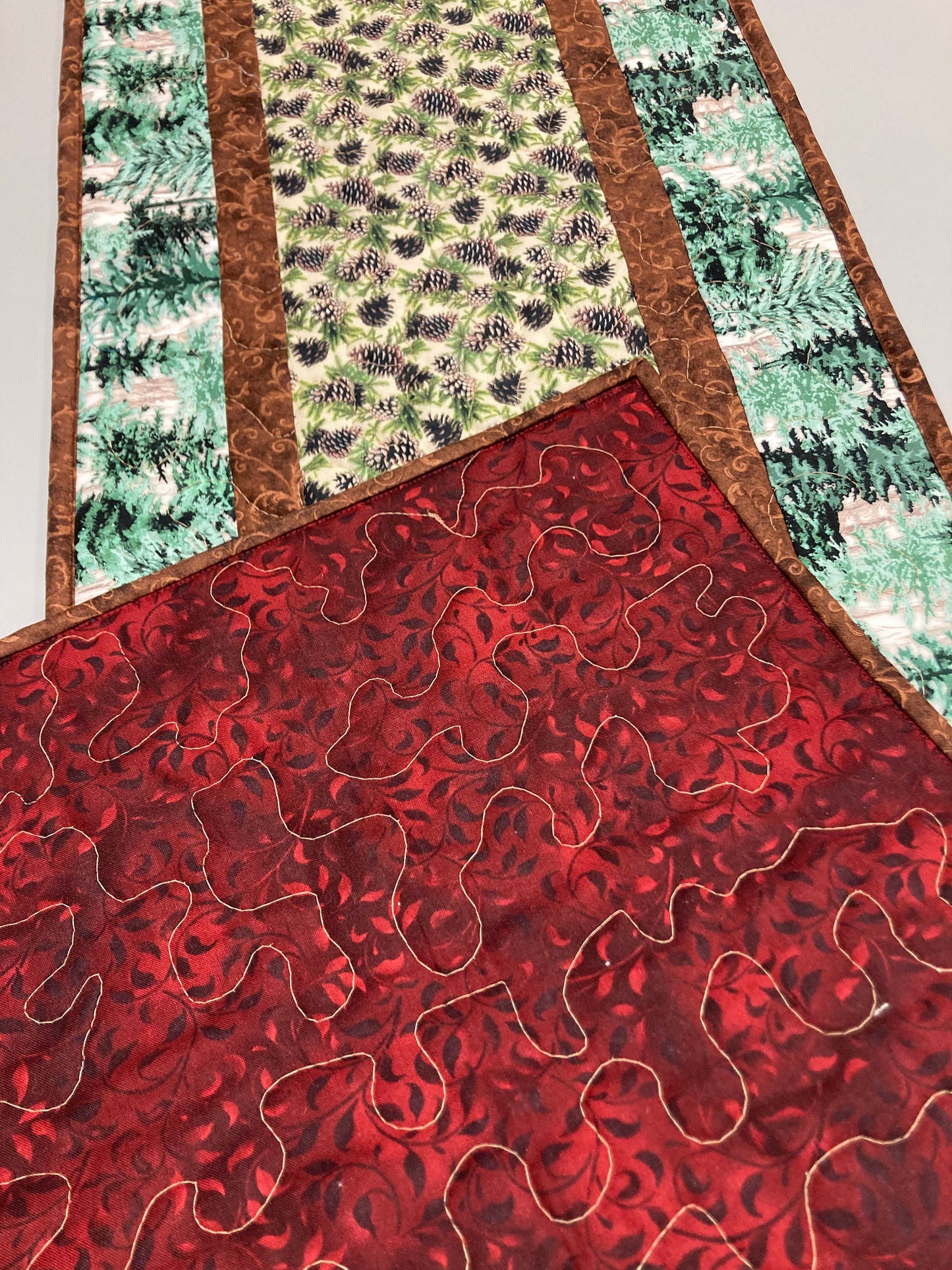 Pine Cones Mountain Trees Quilted Dining Table Runner, Reversible Coffee Table Runner, Dresser Scarf Nightstand End Table 13x48" Cabin Woods